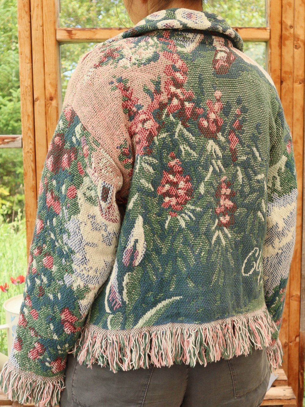 Upcycled Vintage Blanket Jacket With Fringe Garden Flowers Cottagecore - Picture 7 of 16